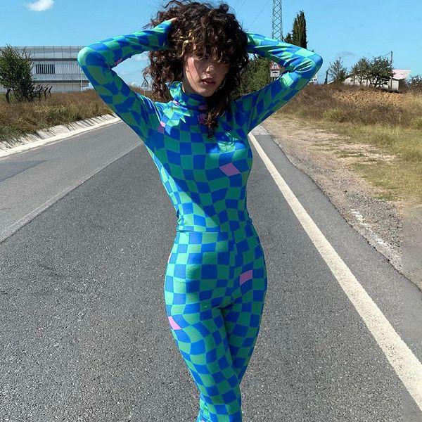 

women plaid print o neck long sleeve bodycon slim jumpsuit autumn winter fashion long pant romper sport outfits, Black;white