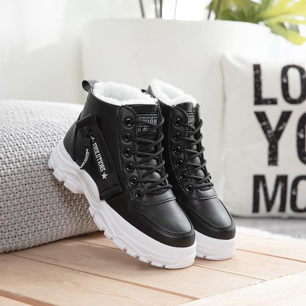 

2020 winter new boots women ankle boots warm pu plush winter woman shoes sneakers flats lace up short snow botas de mujer, Black