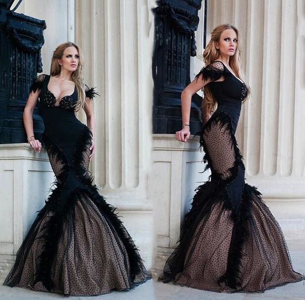 

black feather mermaid prom dresses cuaway sides floor length capped short sleeves beads pageant dress for women girls evening gowns