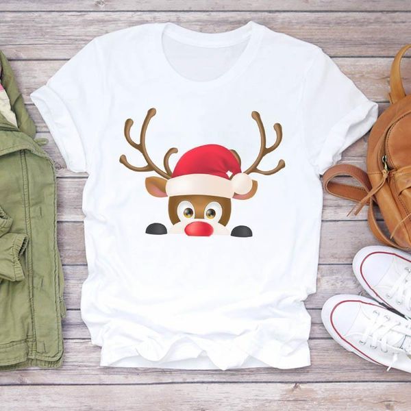 

женщины мультфильм олень симпатичные смешные новый год 90-х годов рождественский рождественский распечатать леди футболки топ футболки дамы, White