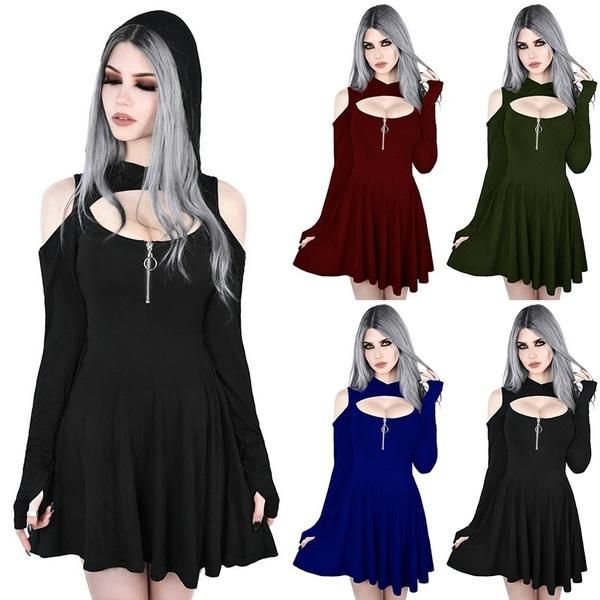 

gothic mini dress for women pure color long sleeve off shoulder dresses ladies zipper steampunk spring clothes 2021, Black;gray