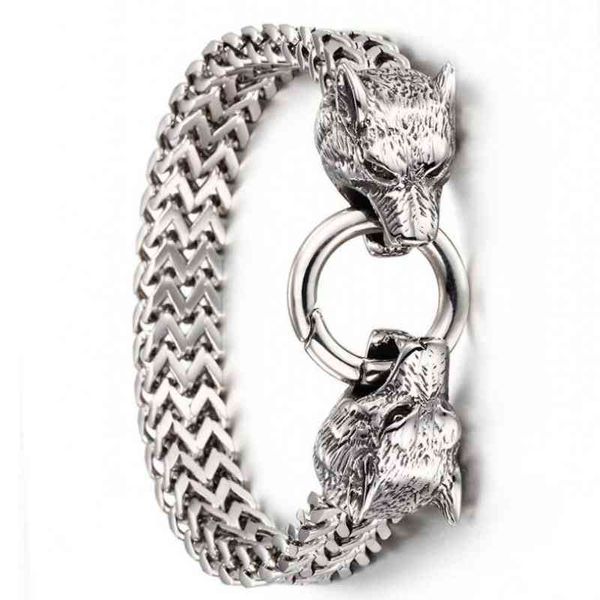 Bracciale con ciondolo a forma di lupo in acciaio inossidabile Biker Mens Franco Link con chiusura ad anello a molla