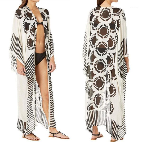 

women's blouses & shirts 2021 see through printed summer beach wear long kimono cardigan chiffon tunic plus size beachwear women b, White