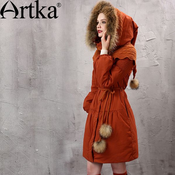 Artka Женская зима Parkas енота енота с капюшоном зимняя куртка для женщин фонарный рукав толстый теплый длинный слой с поясом MA10152D 201125