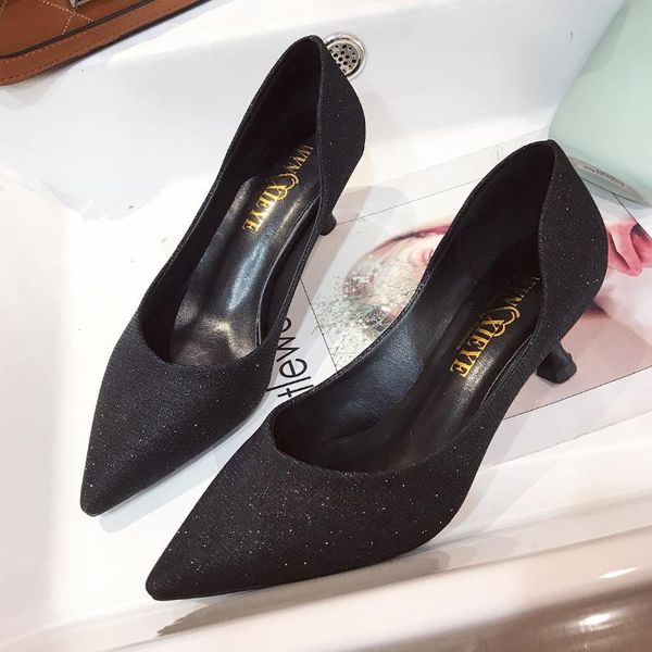 

2020 new female high heels buckle fashion thick heel sequins party casual pointed temperament women's shoes u14-07, Black