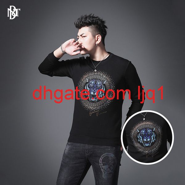 

nachuan men's 2021 spring new fashion brand european drill casual sleeve men's long sleeve round neck sweater, Black