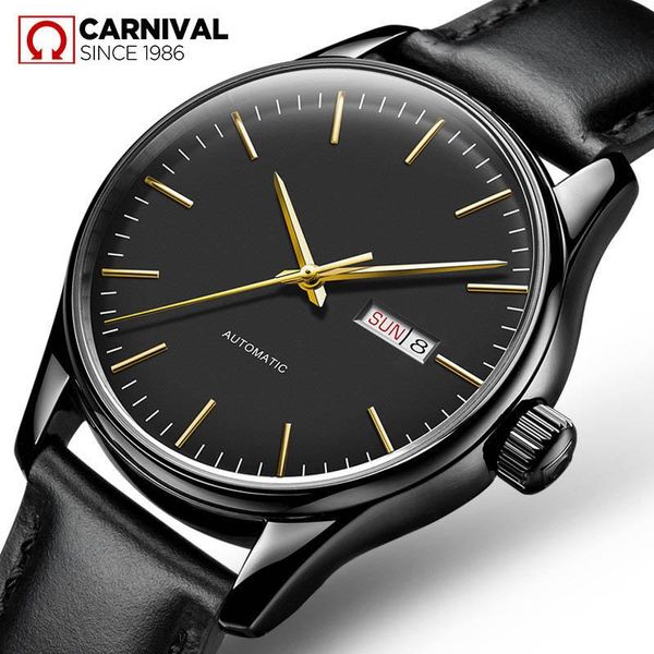 

carnival fashion business men automatic watches leather strap male mechanical watches calendar date simple clock montre homme, Slivery;brown
