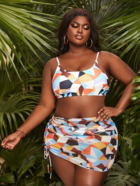

3pack plus geometric graphic bikini swimsuit & beach skirt x6re#, Black