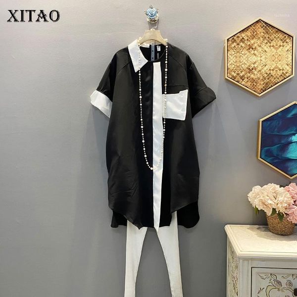 

xitao casual korean loose plus size black dress 2020 summer new patchwork short sleeve women sense of design dress dmy43521, Black;gray