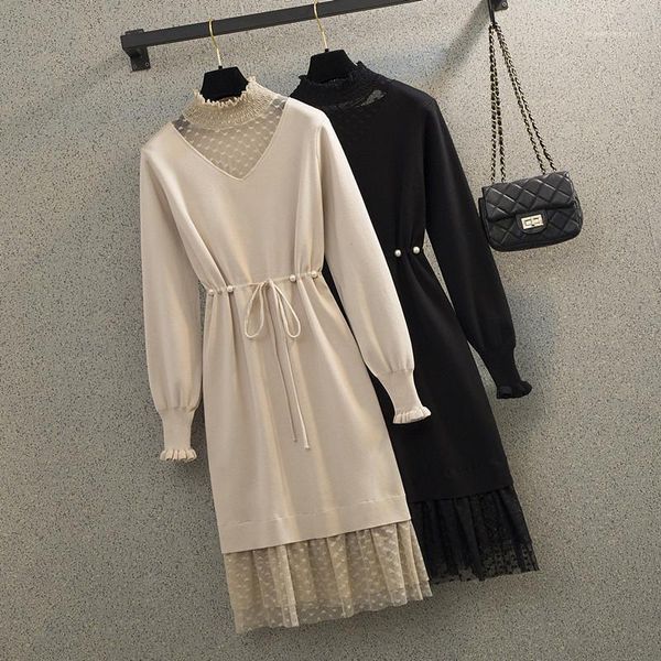 

casual dresses women's plus size french style solid mock neck ruffle cuff lace up waist patchwork hem a-line dress autumn spring1, Black;gray