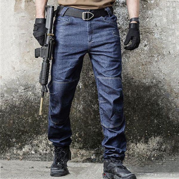 

men jeans 2020 new tactical swat multi pocket jeans denim pants cotton army combat men casual flexible cargo pant1, Blue