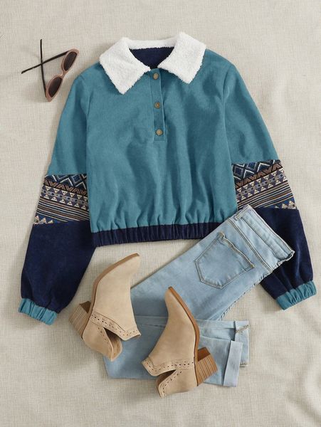 

contrast collar geo print corduroy sweatshirt 44zh#, White;black