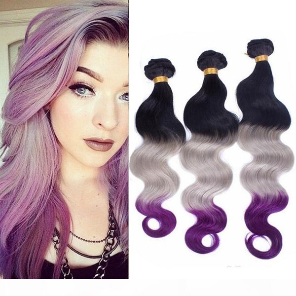 

#1b grey purple ombre body wave brazilian human hair bundles deals 3pcs black grey to purple 3tone ombre human hair weave wefts 10-30