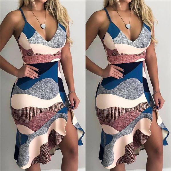 

women dress patchwork ruffles decor v neck low cut sling print asymmetrical dress elegant lady slim wrap hips party dresses, Black;gray
