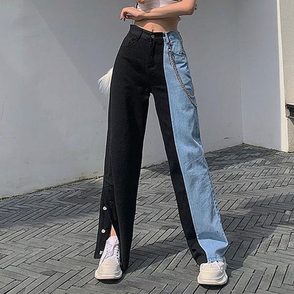 

2020 fashion side covered button slit wide leg denim pants women loose casual streetwear color block patchwork vogue trousers, Blue