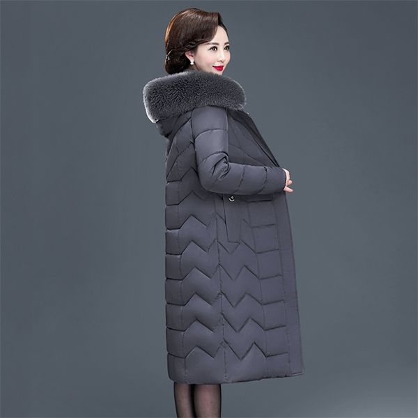 

x-long women coats slim office ladies solid women's winter jacket hooded with fur collar thick cotton padded plus size parkas lj201128, Black