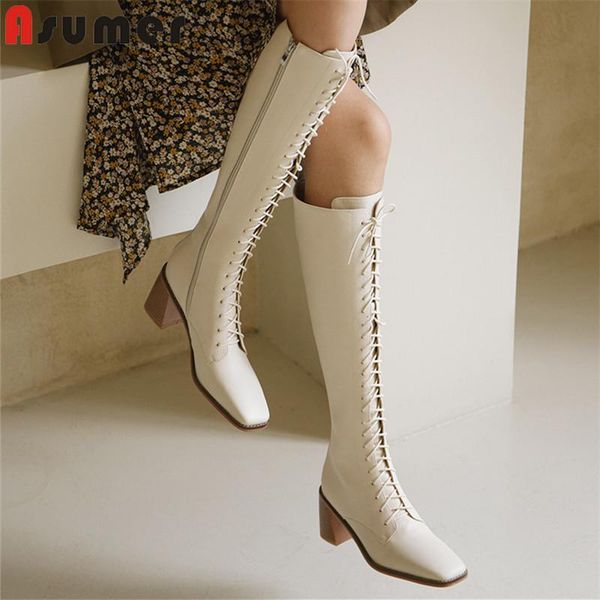 

boots asumer 2021 6.5cm high heel ladies riding cross tied zip autumn winter knee women genuine leather shoes, Black