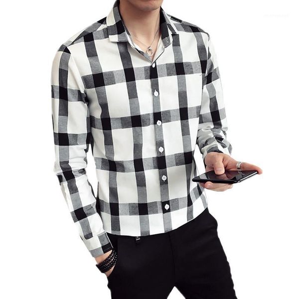 

men's casual shirts black white men plaid shirt long sleeve spring & autumn fashion slim mens size s-xxxl man camisa masculina1, White;black