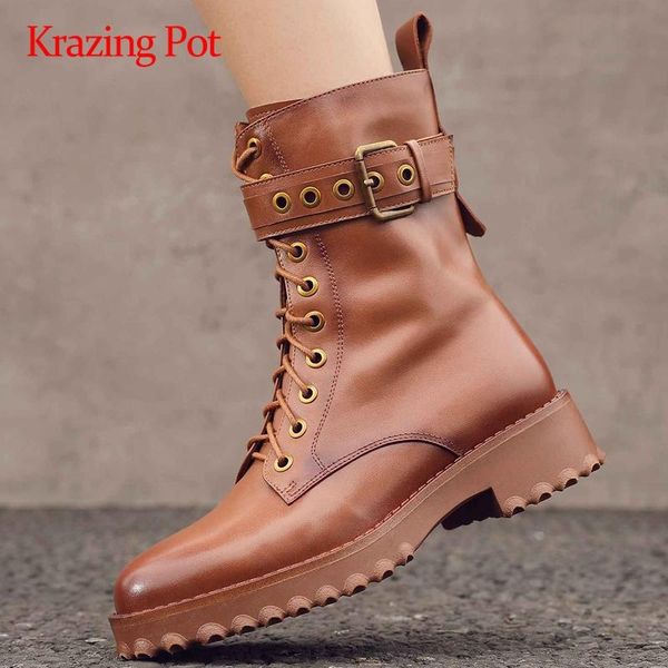 

krazing pot new arrival outdoor boots real leather buckle decorations round toe thick med heel zipper big size ankle boots l8f9, Black