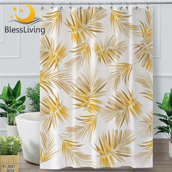 

blessliving golden leaf shower curtain tropical botanic waterproof bathroom curtain with hooks modern palm leaves douche gordijn