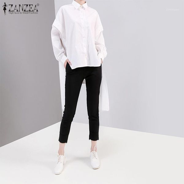 

zanzea fashion women lapel long sleeve asymmetrical hem shirt spring solid buttons blouse casual loose blusas work tunic1, White