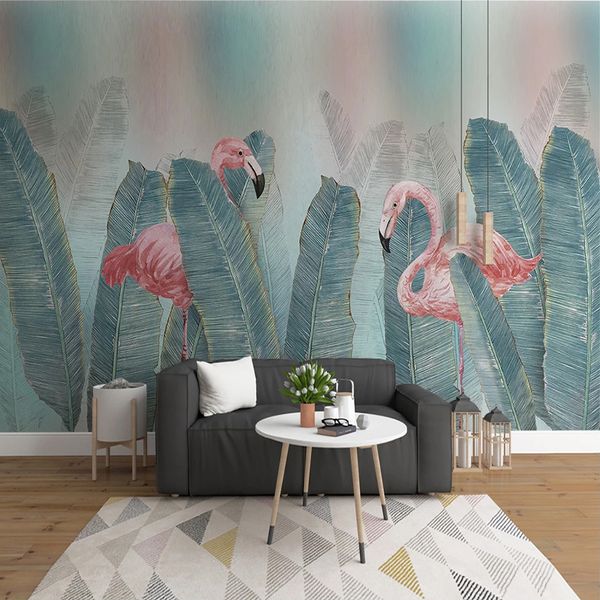 Tamanho personalizado Green Leaf Flamingo 3D Mural Wallpaper para sala de estar Quarto de jantar fundo Pintura Decoração da parede da casa