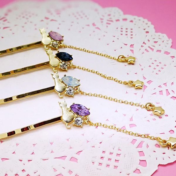 

cute girl hairpin japanese crystal cat star side clip word clip animal cartoon hair, Golden;silver