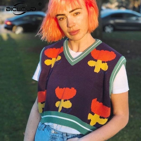 

korean fashion knit flower tulip crop sweater vest women harajuku vintage oversized sleeveless sweater female waistcoat y201128, Black;white