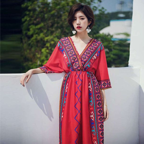 

new thai national style beach women summer seaside holiday show thin tourism red bohemian dress, Black;gray