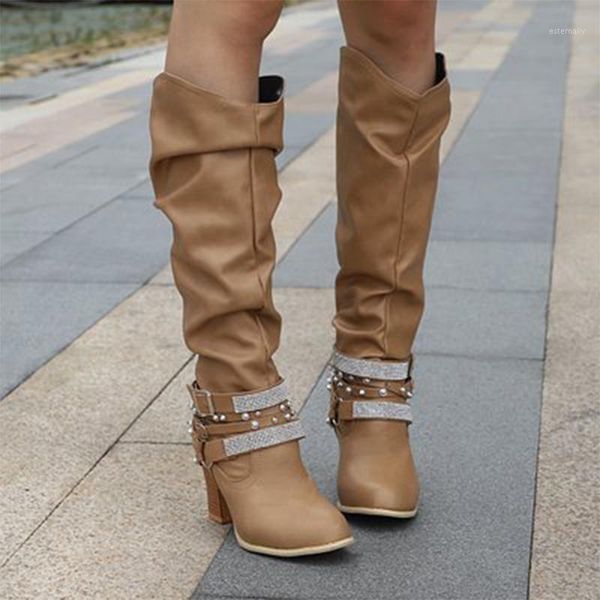 

boots women pleated rivet knee high autumn woman bling crystal heels ladies metal buckle female pu leather shoes plus size1, Black