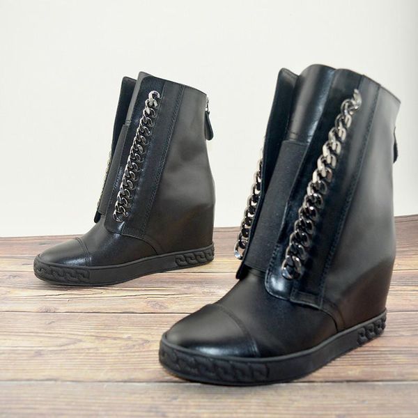

patchwork metal chain decor genuine leather women short boots female high heels back zipper wedges 2020 new stylish winter boots, Black