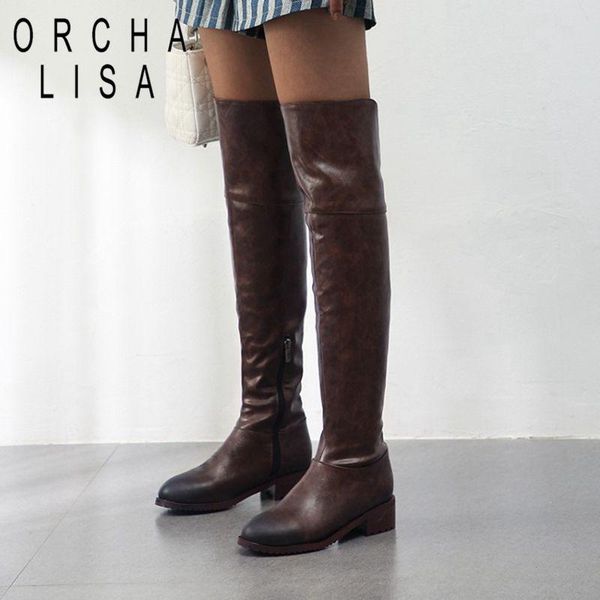 

orcha lisa 2020 womens leather boots thigh high boots low heels slim long black brown lady winter warm fur shoes big size
