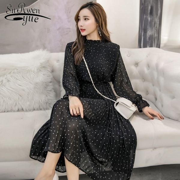 

fall fashion winter small floral collar loose slim dot women long dress chiffon pleated bottom women black dress 1477 45 y200828, Black;gray