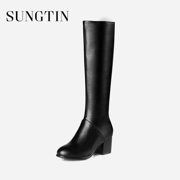 

boots sungtin plus size short plush women warm winter black classic mid heel long ladies pu leather knee high1