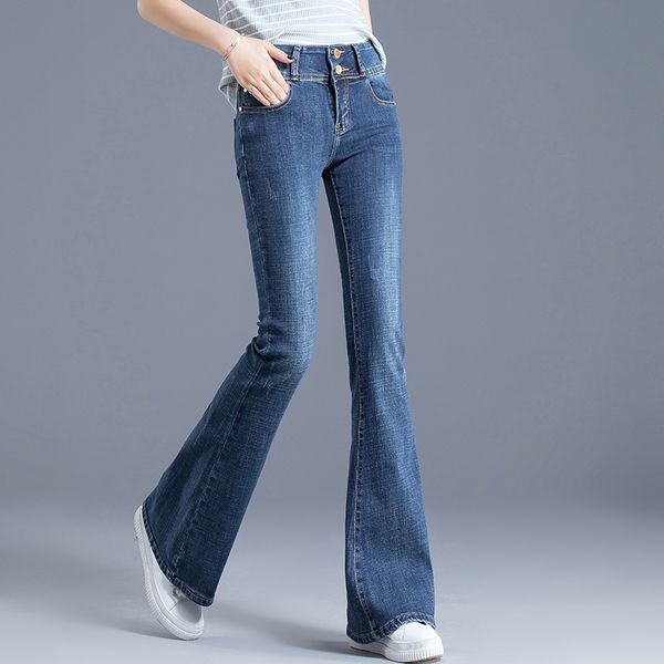 

women's spring autumn slim mid waist flare pants full length jeans n0201, Blue