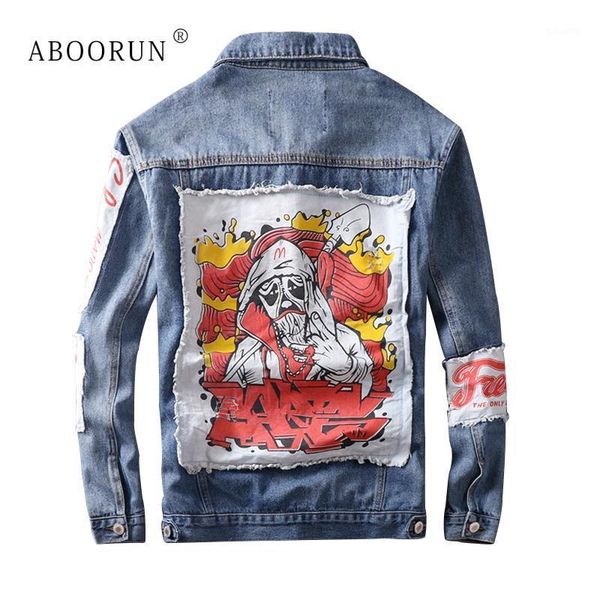 

aboorun men's fashion denim jacket retro patches ripped jean jacket spring autumn streetwear coat for male x17461, Black;brown