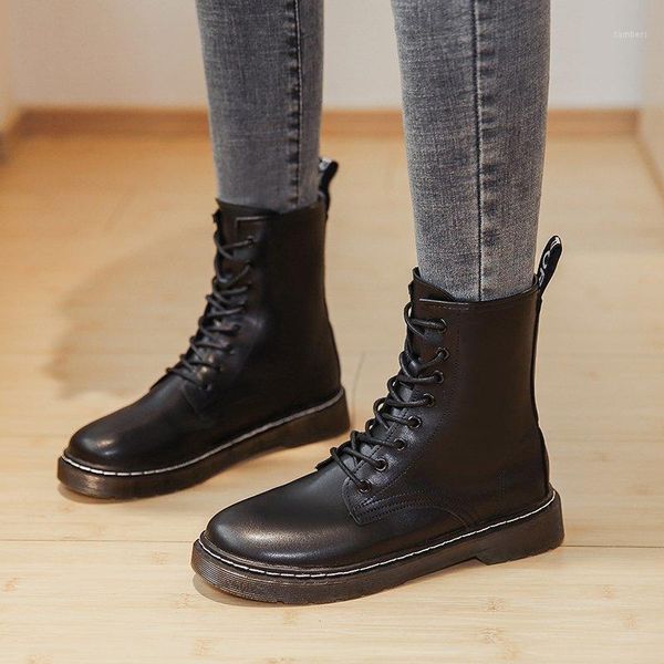 

winter women biker ankle boots light pu leather lace up sewing rubber basic round toe platform punk ladies shoes botas mujer1, Black