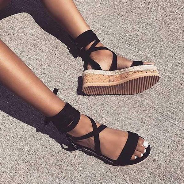 

teahoo summer ankle strap women platform sandals open toe wedge espadrilles women sandals lace up gladiator plus size 431, Black