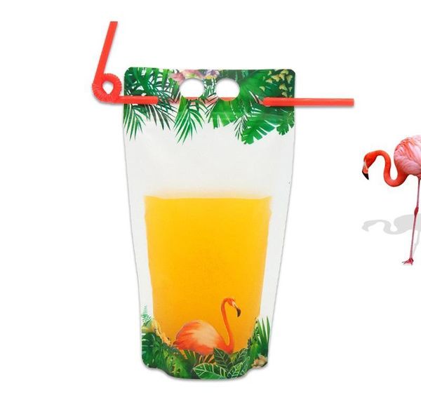 

fruit drink holes bag flamingo beverage juice with straw for coffee, 500ml packaging and handle plastic for milk pattern wmtmj