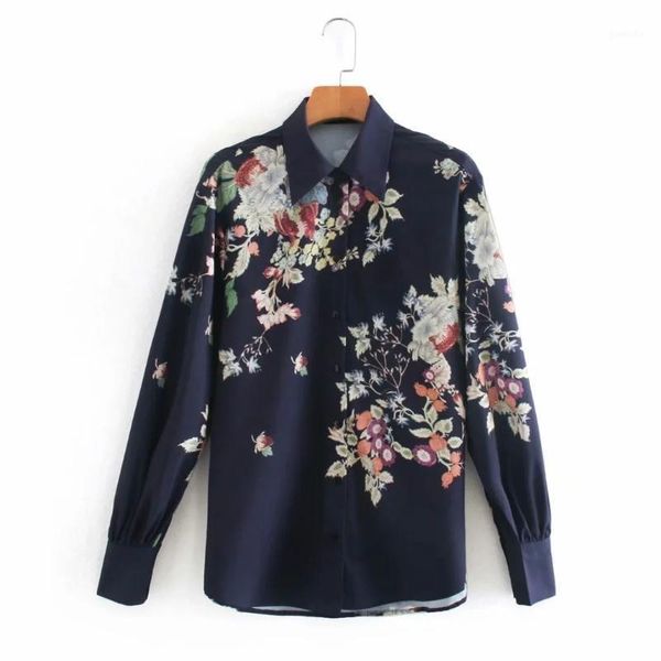 

vintage women flower printed chiffon turndown collar shirts female long sleeve blouses casual lady loose blusas s82271, White
