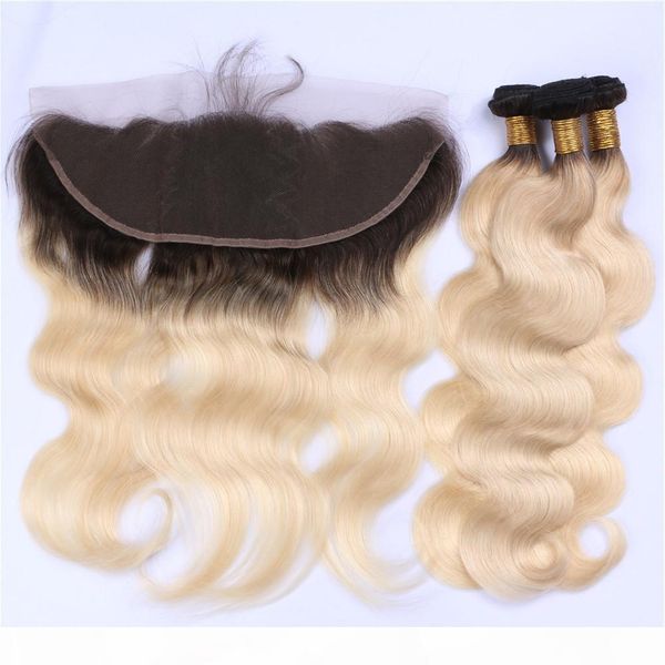 

virgin brazilian 2tone blonde ombre human hair 3bundles with 13x4 frontal closure body wave 1b 613 ombre full lace frontal with weaves, Black;brown