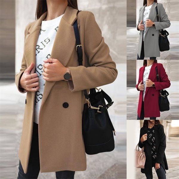 Горячие продажи !!! Женщины осень зима мода широкий отворот двойные кнопки теплые пальто варенье мода теплый поддержанный пальто сплошной цвет 201028