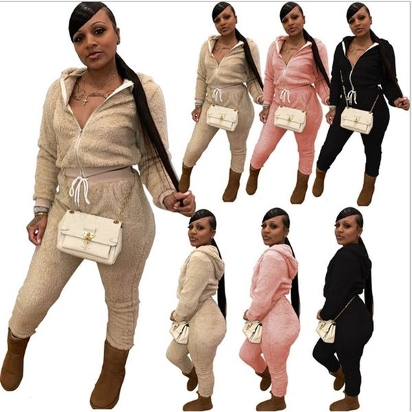 

women designer tracksuit double sided fleece winter thick hooded hoodies pants sweatsuit zipper jackets leggings outfits sports suit g11402, Gray