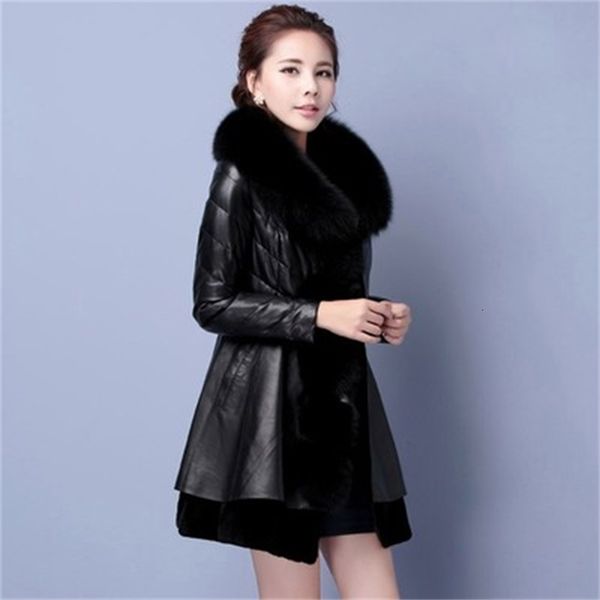 

2021 new fake female white leather jacket 5xl 6xl plus size fox skin collar -autumn new korean fashion thin heat jackets pxt6, Black