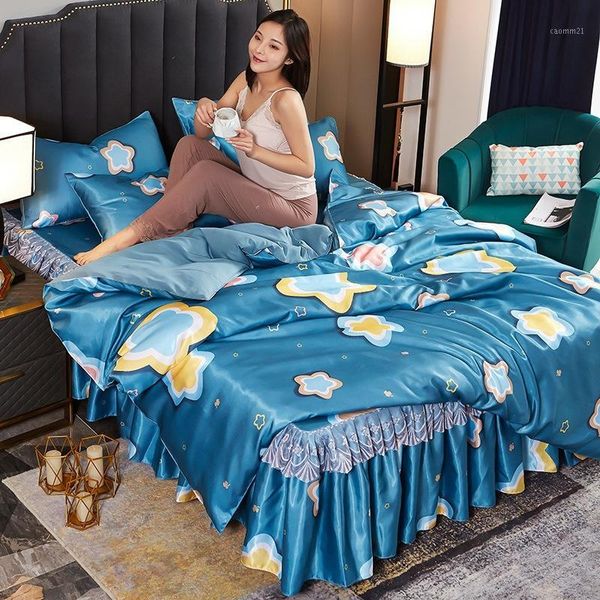 

bedding set luxury ice silk bed skirt skirt four-piece non-slip foldable summer cool quilt cover comforter bedding sets1