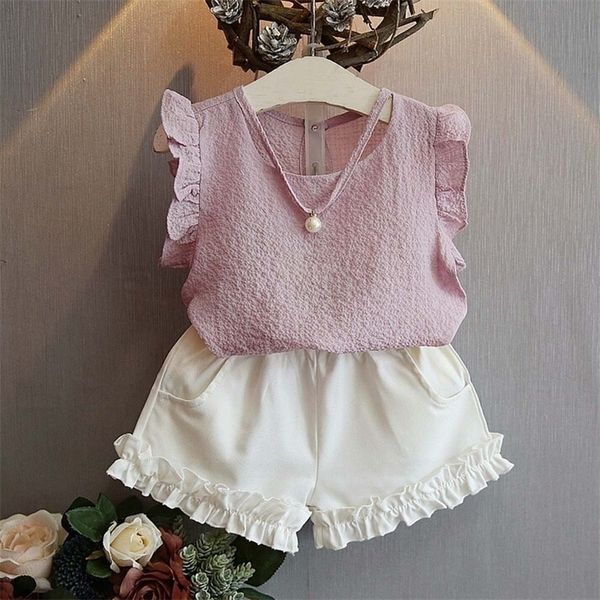 

new summer children's suit girls flying sleeves pearl pendant t-shirt shorts suits casual fashion sports children's clothing y2005, White