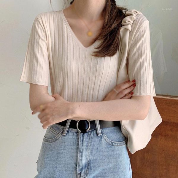 

summer knitted t-shirt women v neck tee shirts loose short sleeve t-shirts1, White