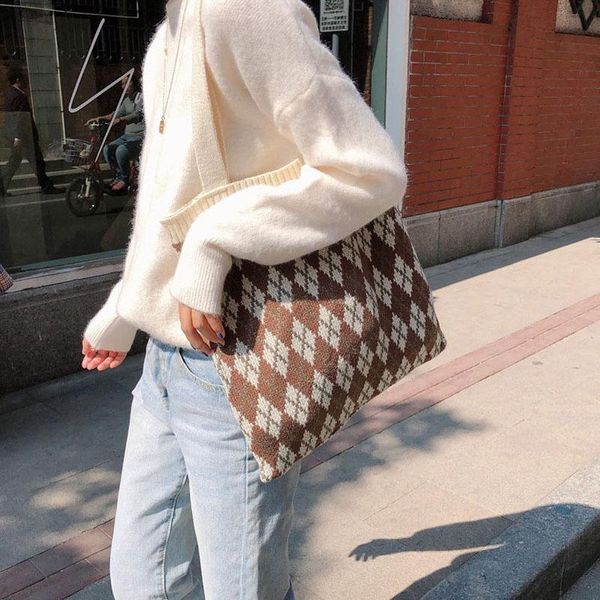 

hylhexyr 2020 winter fashion original style girls shoulder bag large capacity shopping handbags knit design ladies classic tote