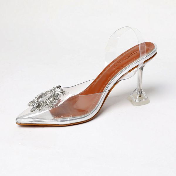 

2021 19 summer new style transparent high heel pumps stiletto pointed out wild shoes fairytale strass round buckles of short women u65d, Black