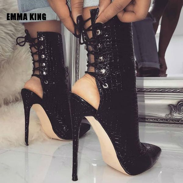 

boots women black snakeskin mid-calf lady thin high heels shoes cross-tied pointed toe leaky heel spring 2021